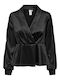 Only Women's Blouse Satin Long Sleeve with V Neck Black