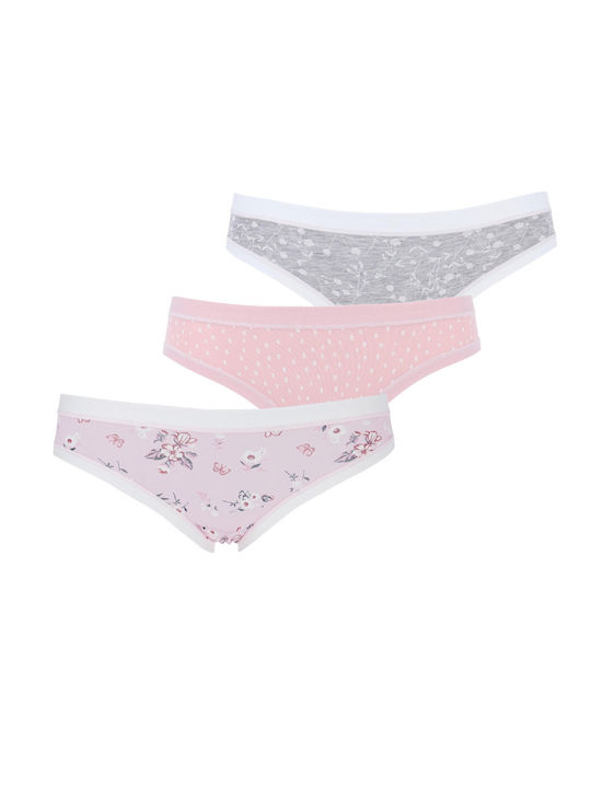 Cotonella Lenjerie intimă pentru femei Mini Slip 3pcs Pink Polka Dots-Brimmed Grey Melange-Brimmed Pink