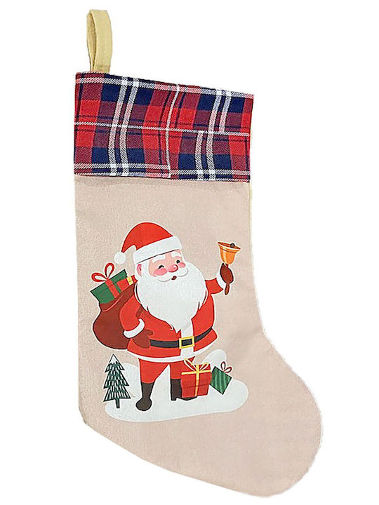 Weihnachtliche Dekorative Socke Stoff mit Άγιο Βασίλη mit Weihnachtsmann L30xH49cm. Beige