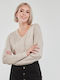 Only Women's Long Sleeve Sweater with V Neckline Beige