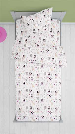 Dimcol Σετ Σεντόνια Μονά Βαμβακερά Lily + Deer 179 White-Pink 160x240cm 2τμχ