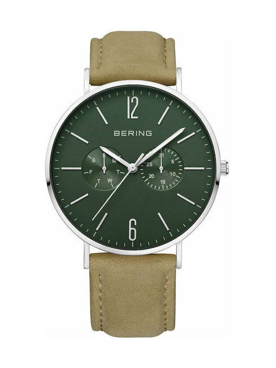 Bering Time Classic Watch Chronograph Battery with Beige Leather Strap