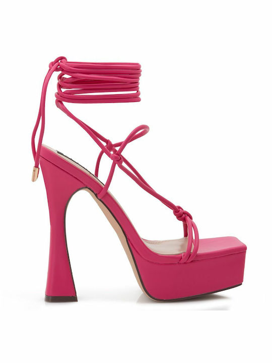 Bozikis Platform Women's Sandals with Laces Fuchsia with Chunky High Heel