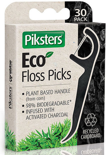 Piksters Eco Charcoal Dental Floss with Handle Black 30pcs