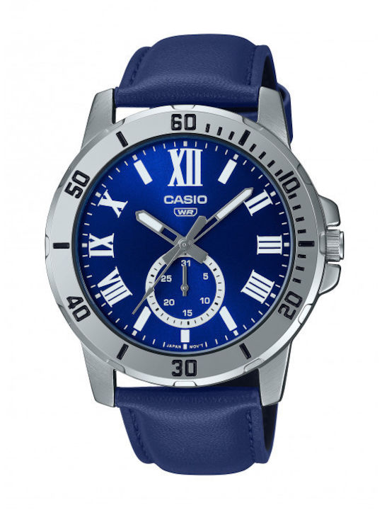 Casio Herrenuhr 45mm Chronograph Batterie mit Blau Lederarmband