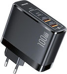 Usams Ladegerät ohne Kabel mit 2 USB-A Anschlüsse und 2 USB-C Anschlüsse 100W Stromlieferung / Schnellaufladung 3.0 Schwarzs (US-CC145)