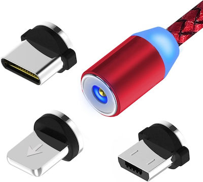 KLGO S-690 Braided / Magnetic USB to Lightning / Type-C / micro USB Cable Κόκκινο 1m