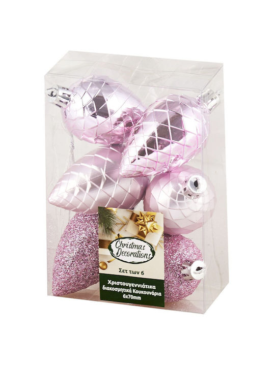 Hanging Ornament Pine Plastic Pink 7cm Set 6pcs