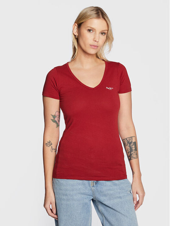 Pepe Jeans E1 Corine Women's T-shirt with V Neck Red