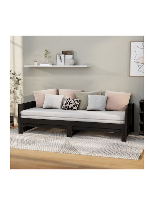 Sofa Bed Single Solid Wood Black with Slats for Mattress 90x200cm