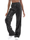 Women's High-waisted Fabric Trousers Flared with Elastic Black with Sequins
