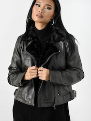 Vero Moda Γυναικείο Biker Jacket με Επένδυση Γούνας Total Black