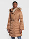 Guess Lolie Lang Damen Puffer Jacke mit pelziger Kapuze für Winter Beige