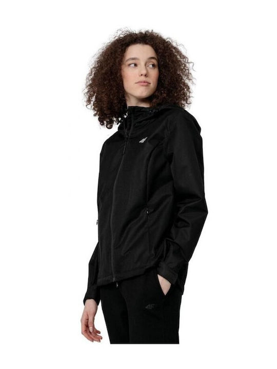 4F Women's Short Sports Softshell Jacket Waterproof and Windproof for Winter with Hood Black