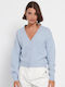 Funky Buddha Short Women's Knitted Cardigan with Buttons Ice Blue