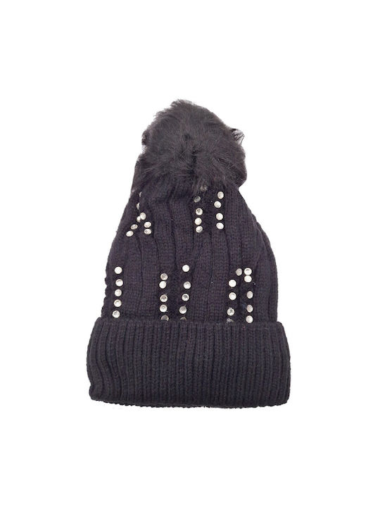 Knitted Beanie with Rhinestones & Faux Fur Lining Black