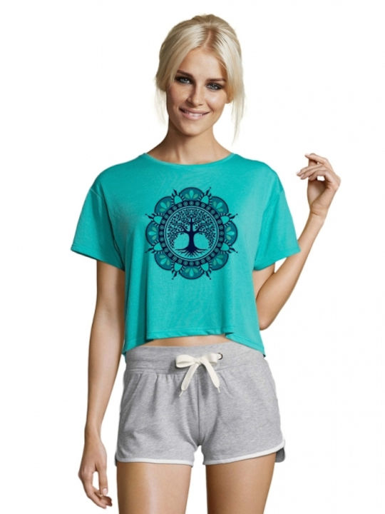 Crop Top with Yoga - Pilates 27 print in carribean blue color