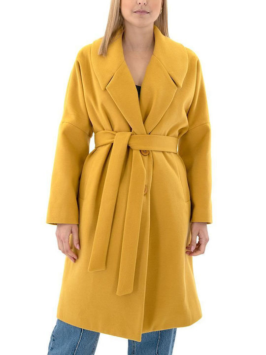 Moutaki Γυναικείο Κίτρινο Παλτό με Ζώνη