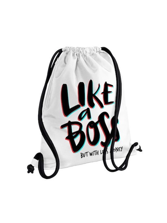 Like a boss, but with less money!!!, GYMBAG backpack pouch white, with pocket (40x48cm) & thick cords