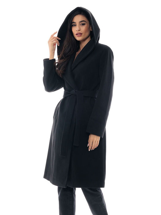 Biston Γυναικείο Μαύρο Παλτό με Ζώνη