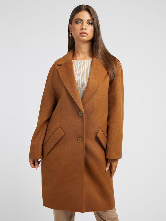 Guess Elly Women's Wool Midi Coat with Buttons Brown