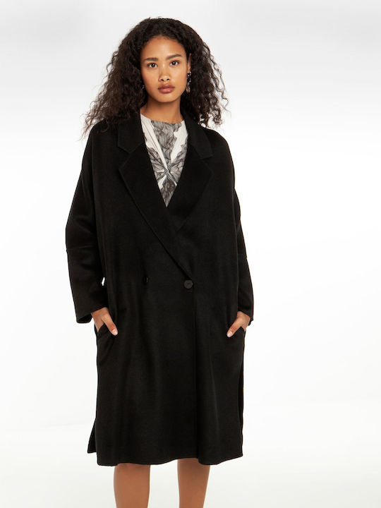 Toi&Moi Γυναικείο Μαύρο Παλτό με Κουμπιά