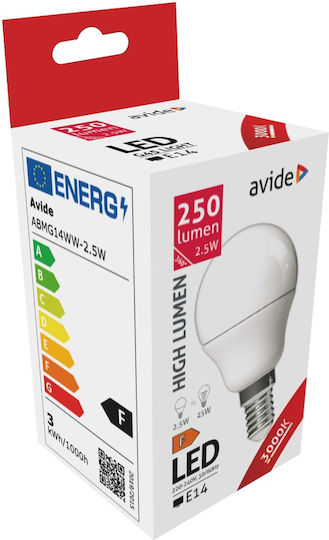 Avide ABMG14WW-2.5W Λάμπα LED 2.5W 77mm για Ντουί E14 και Σχήμα G45 Θερμό Λευκό 250lm