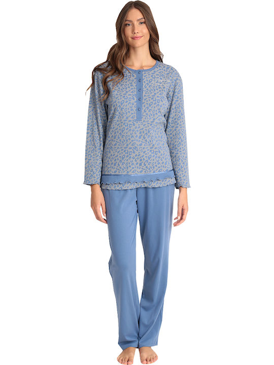 Lydia Creations Winter Women's Pyjama Set Cotton Light Blue