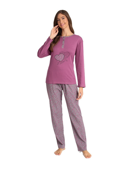 Lydia Creations Winter Damen Pyjama-Set Baumwolle Lila