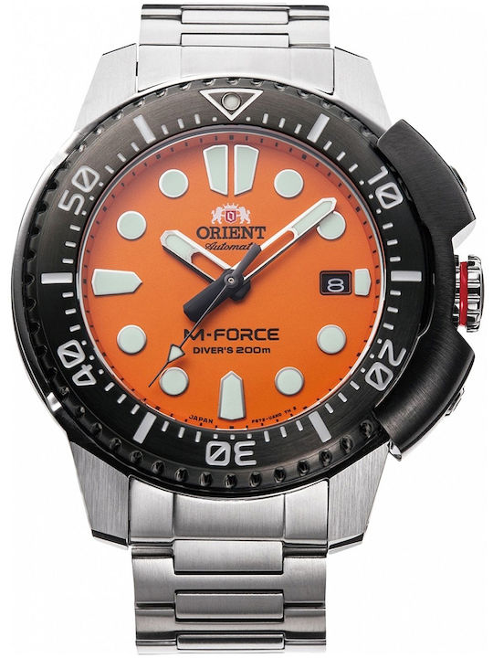 Orient M-Force Ανδρικό Ρολόι 45mm Αυτόματο με Ασημί Μεταλλικό Μπρασελέ
