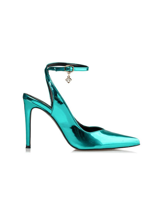 Envie Shoes Patent Leather Pointed Toe Turquoise Heels with Strap
