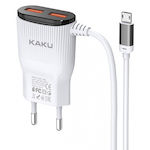 Kaku Φορτιστής με Ενσωματωμένο Καλώδιο με 2 Θύρες USB-A micro USB Λευκός (KSC-488)