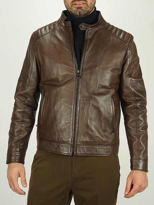 Massimo Veneziani Men's Jacket "BIKER" Brown Slim Fit (606) (100% Leather)