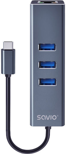 Savio AK-57 Hub USB 3 Porturi USB 3.1 cu Conectare USB-C Ethernet Gri