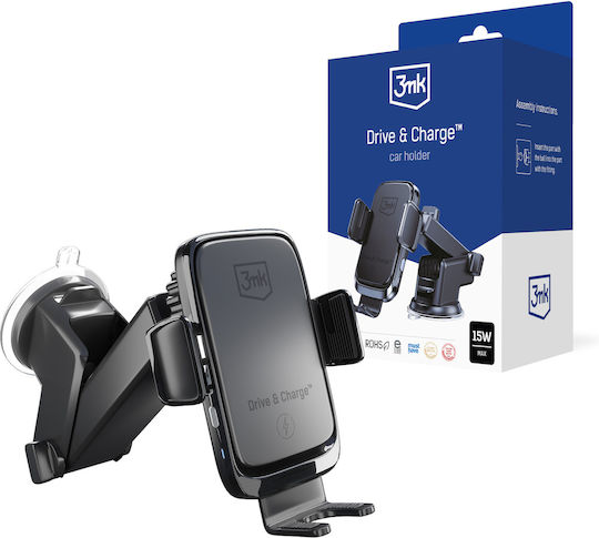 3MK Drive&Charge Car Mobile Mount with Adjustable Hooks and Wireless Charging Black