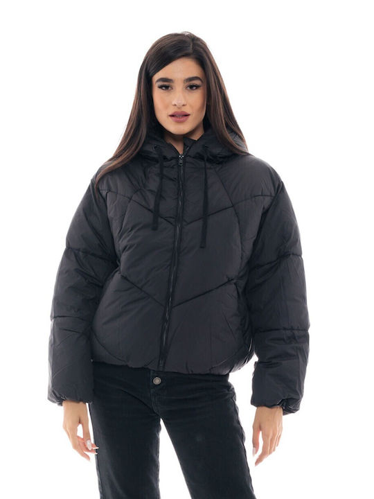 Biston Women's Short Puffer Jacket for Winter with Hood Black