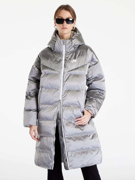 Therma Fit City Μακρύ Γυναικείο Puffer Μπουφάν για Χειμώνα Ασημί