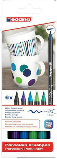 Edding Porcelain Brushpen Markers Set Wash-resistant for Porcelain and Glass 1-4mm 6pcs
