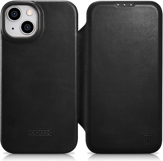 iCarer CE Oil Wax Premium Leather Folio Book Δερμάτινο Μαύρο (iPhone 14 Plus)