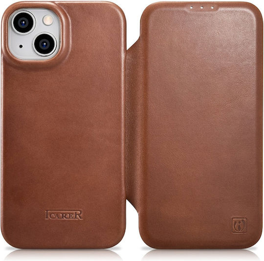iCarer CE Oil Wax Premium Leather Folio Book Leather Brown (iPhone 14 Plus)