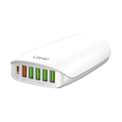 Ldnio Charging Stand with 5 USB-A Ports and USB-C Port 65W in White color (A6573C)
