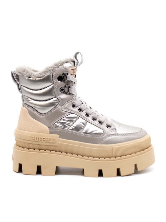 Raven Snow Leather Women's Ankle Boots with Medium Heel Silver