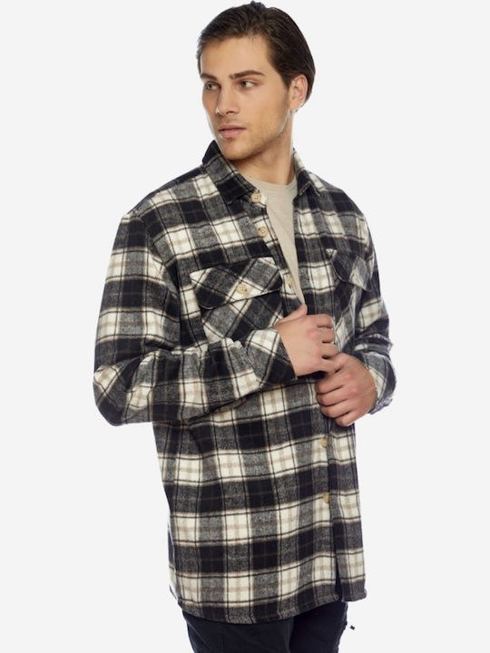 Overshirt Mânecă Lungă În Linie Regular Fit Model Carou Negru