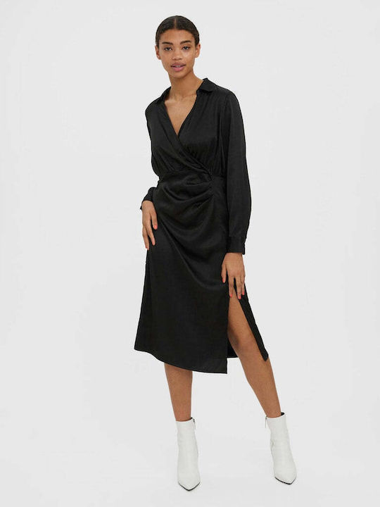 Vero Moda Midi Rochie de Seară Satin Înfășurați cu Slit Negru