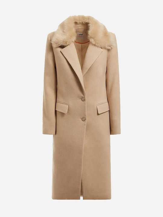 Guess Women's Midi Coat with Buttons and Fur Beige