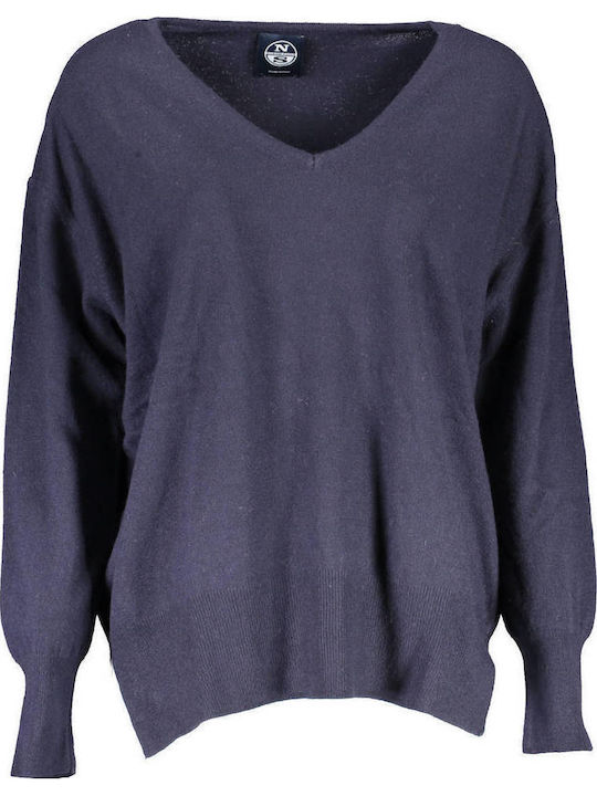 Women's Long Sleeve Sweater Woolen with V Neckline Blue