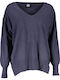Women's Long Sleeve Sweater Woolen with V Neckline Blue