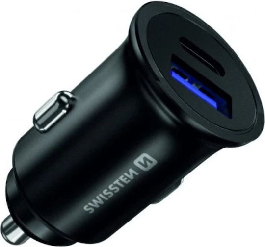 Swissten Încărcător Auto 36W Încărcare Rapidă cu Porturi: 1xUSB 1xType-C Negru Culoare