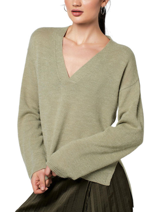 Rut & Circle Emelie Women's Long Sleeve Pullover with V Neck Green