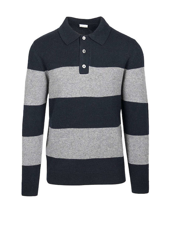 SEIDENSTICKER MEN'S POLO WOOL STRIPED BLUE-GREY REGULAR FIT